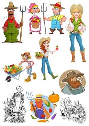 Cartoon Farmer Characters with Produce and Farming Tools Free Vector
