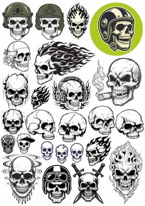 Collection of Skulls with Various Helmets, Flames, and Accessories Free Vector