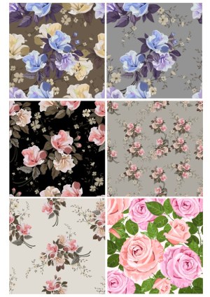 Set of Six Seamless Vintage Floral Patterns with Roses and Leaves Free Vector