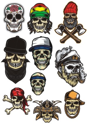 Collection of Skull Illustrations with Various Hats and Accessories Free Vector
