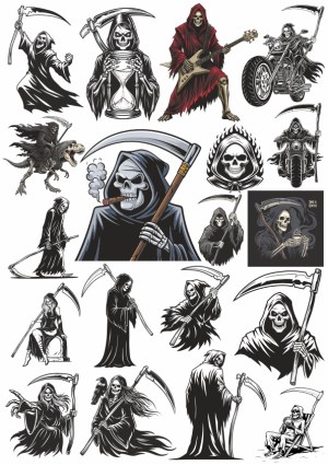 Collection of Grim Reaper Vector Illustrations with Scythes and Themed Elements Free Vector