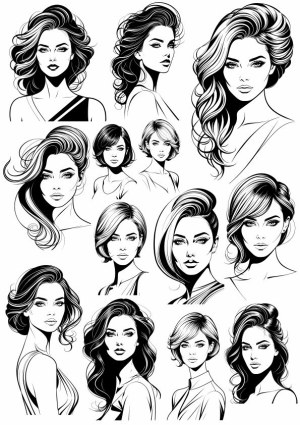 Black and White Vector Illustrations of Women with Various Hairstyles Free Vector