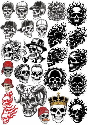 Detailed Black and White Skull Vector Collection with Various Themes Free Vector