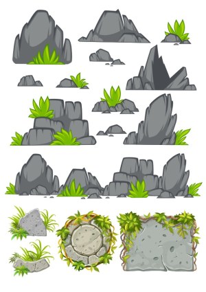 Set of Vector Rocky and Stone Elements with Green Plants Free Vector