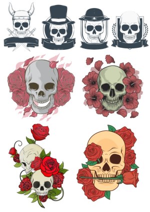 Skull and Rose Themed Vector Illustrations Free Vector