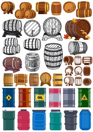 Collection of Wooden Barrels and Industrial Drums Vector Set Free Vector