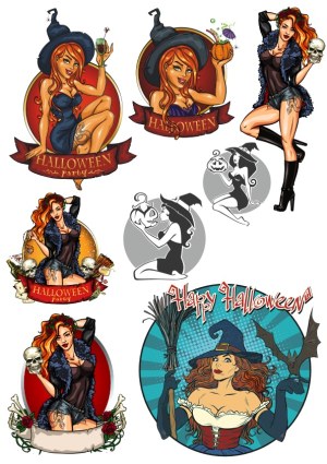Halloween Witches Vector Collection with Skulls, Pumpkins, and Party Themes Free Vector