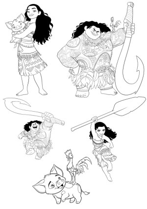 Black and White Vector Illustrations of Polynesian Characters with Traditional Weapons and Animals Free Vector