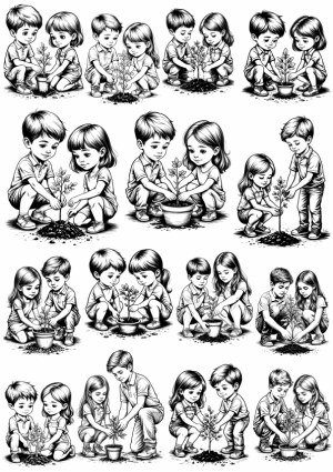Vector Illustrations of Children Planting Trees Free Vector