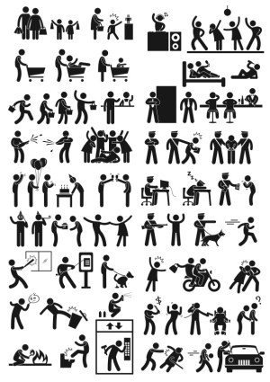 Black Stick Figure Icons Illustrating Various Public and Social Situations Free Vector