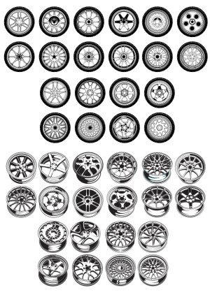 Set of 36 Detailed Car Wheel and Rim Vector Icons Free Vector