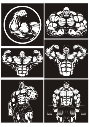 Black and White Muscle Bodybuilder Vector Illustrations Free Vector