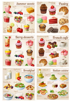 Collection of Summer Sweets, Pastries, Berry Desserts, French Cafe, Breakfast, and Italian Cuisine Vector Illustrations Free Vector
