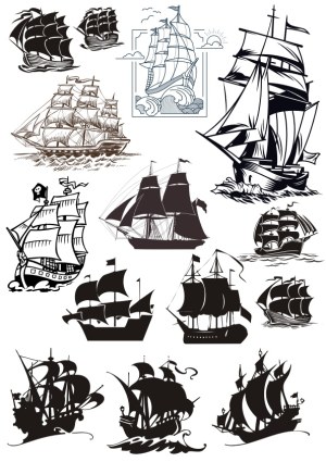 Set of Vintage Sailing Ship Silhouettes and Line Art Free Vector