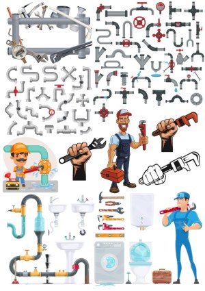Plumbing Tools, Pipe Fittings, and Plumber Characters Vector Collection Free Vector