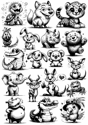 Set of Cute Sketch Style Cartoon Animals Illustrations Free Vector