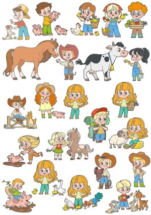 Children and Farm Animals Cartoon Vector Collection Free Vector
