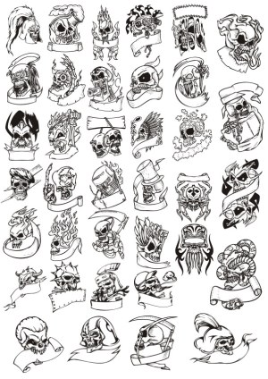 Collection of Black and White Skull Vector Illustrations with Various Themes and Blank Banners Free Vector