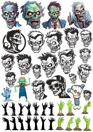 Set of Zombie Heads and Hands Vector Illustrations Free Vector
