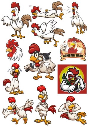 Cartoon Rooster Characters in Various Poses and Expressions Free Vector