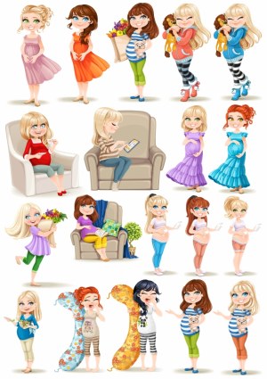 Pregnant Women Cartoon Characters in Various Poses and Activities Free Vector