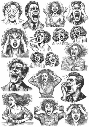 Vintage Black and White Vector Illustrations of People Expressing Extreme Emotions Free Vector