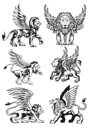 Collection of Black and White Winged Lion Vector Illustrations Free Vector