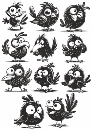 Set of Eleven Funny Cartoon Black and White Birds Free Vector