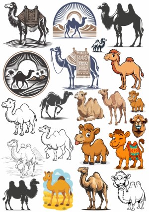 Collection of Stylized Camel Illustrations and Silhouettes Free Vector