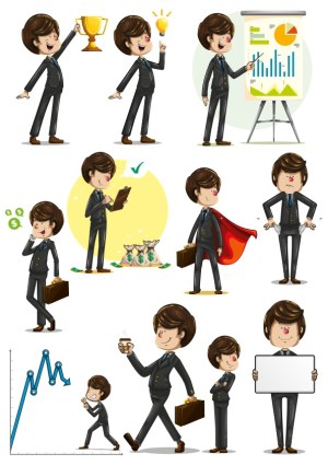 Businessman Character Illustrations Showing Different Expressions and Actions Free Vector