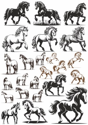 Set of Detailed Horse Vector Illustrations in Various Poses Free Vector
