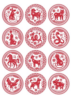 Chinese Zodiac Animal Symbols in Red Circular Patterns Free Vector