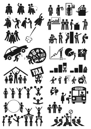 Business, Family, and School Icon Set in Black Silhouette Free Vector