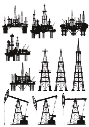 Silhouette Vector Set of Offshore Oil Rigs and Pumpjacks Free Vector