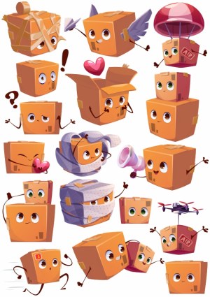 Cute Cartoon Expressive Moving Cardboard Boxes Free Vector