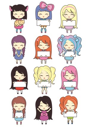 Set of Cute Kawaii Girls Holding Blank Signs Free Vector