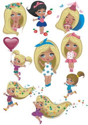 Cute Cartoon Girls with Blonde and Brown Hair in Various Poses Free Vector