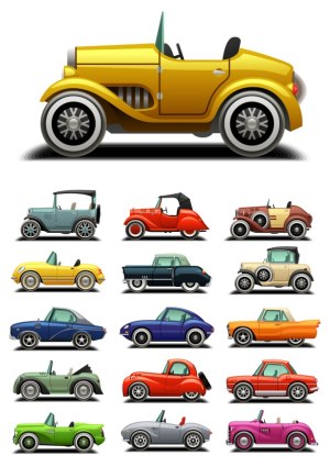 Set of 16 Vintage and Classic Car Vector Illustrations Free Vector