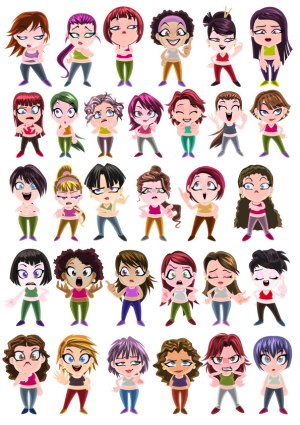 Set of 30 Diverse Cartoon Female Characters with Various Expressions Free Vector