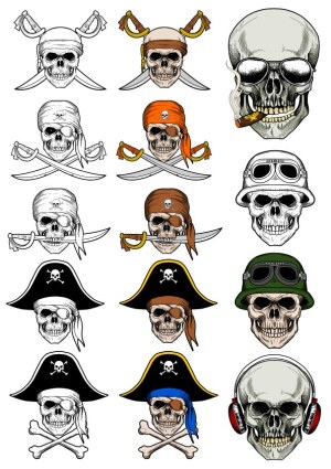 Set of Pirate and Skull Vector Illustrations with Various Hats and Accessories Free Vector