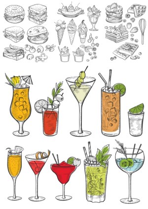 Hand-Drawn Vector Illustrations of Sandwiches, Desserts, Ice Cream Cones, and Mixed Drinks Free Vector
