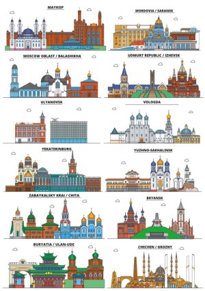 Russian Cities and Regions Landmark Skylines Vector Set Free Vector