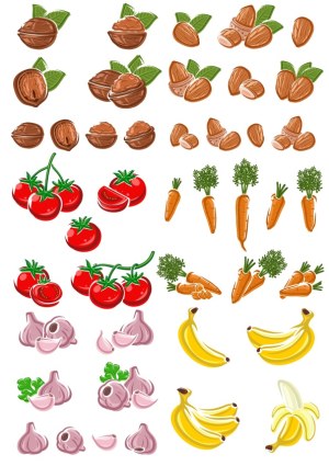 Vector Set of Nuts, Vegetables and Fruits Icons Free Vector