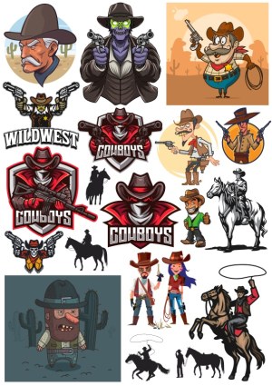 Wild West Cowboy Vector Collection with Characters, Guns, and Horses Free Vector
