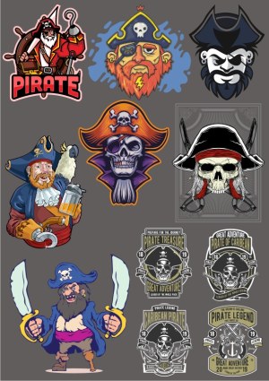 Set of Detailed Pirate and Skull Vector Illustrations with Emblems Free Vector