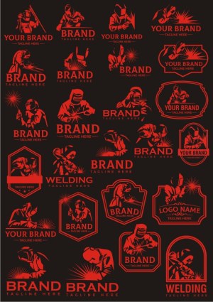 Red Welding Worker Logo Badge Vectors Set Free Vector