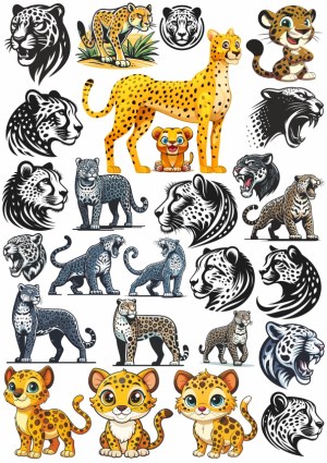 Cheetah and Leopard Vector Collection with Cartoon and Silhouette Styles Free Vector