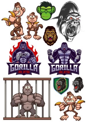 Collection of Cartoon and Aggressive Gorilla and Monkey Vector Illustrations Free Vector