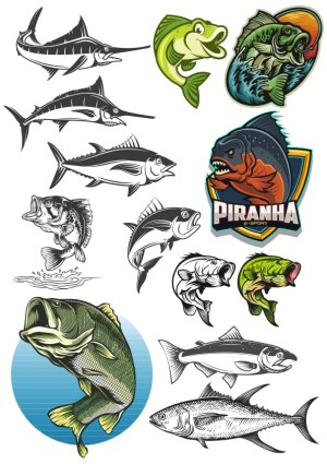 Stylized Fish and Piranha E-Sport Badge Vector Collection Free Vector