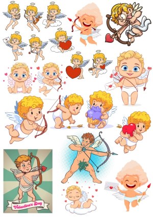 Cute Cupid and Cherub Characters with Hearts and Valentines Free Vector